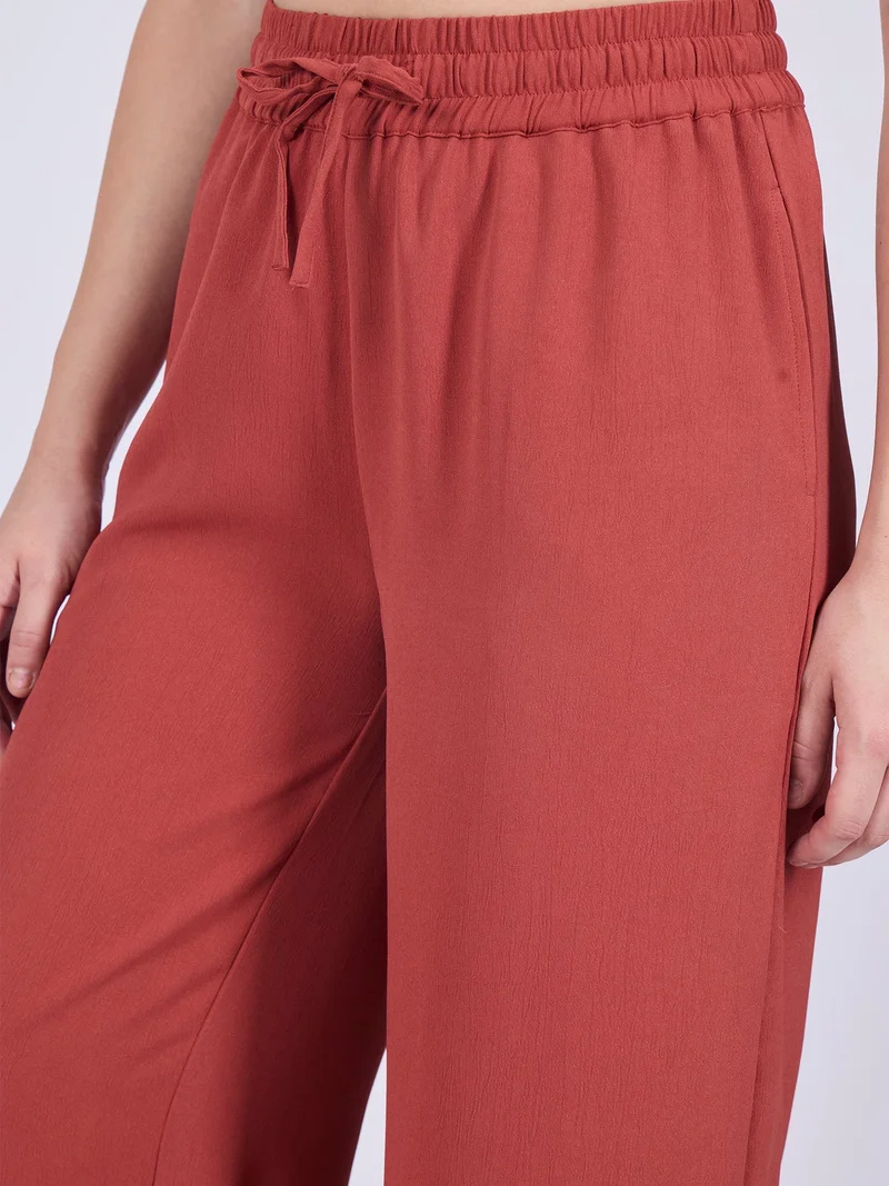 Outzidr Rust Rust Mid Waisted Wide Leg Trousers for Women | Best Price UAE